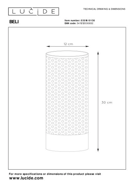 Lucide BELI - Lampe de table - Ø 12 cm - 1xE27 - Noir - TECHNISCH